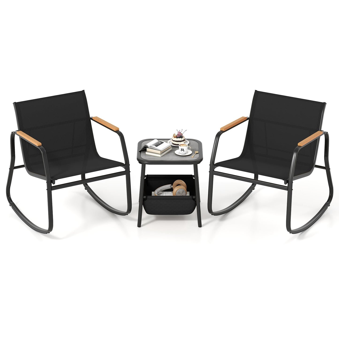 3 Pieces Rocking Bistro Set with Storage Bag and PS Armrests-Black