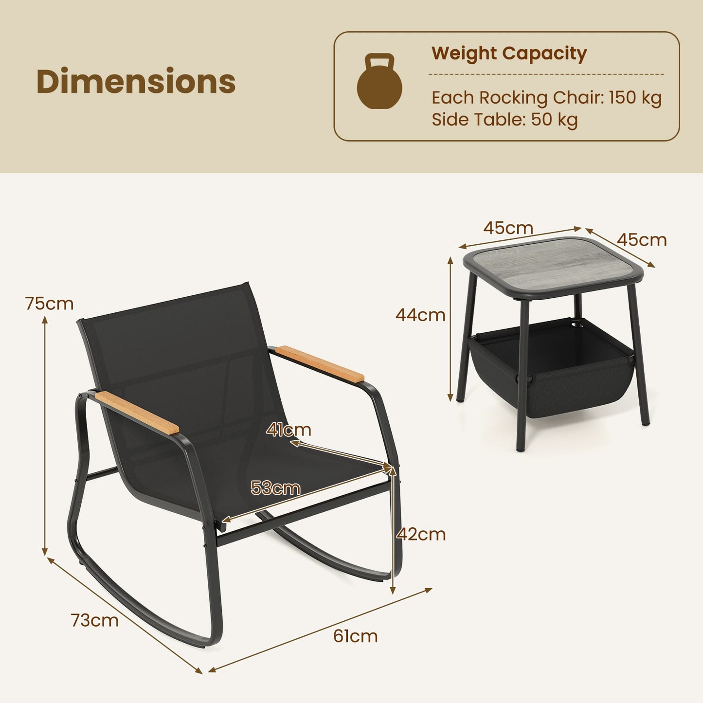 3 Pieces Rocking Bistro Set with Storage Bag and PS Armrests-Black