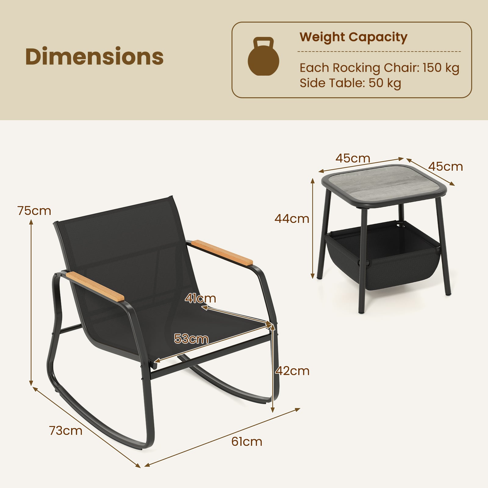 3 Pieces Rocking Bistro Set with Storage Bag and PS Armrests-Black