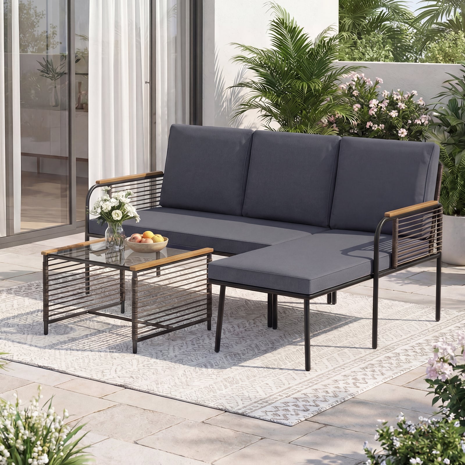 3 Pieces Wicker Furniture Set with Tempered Glass Side Table-Grey