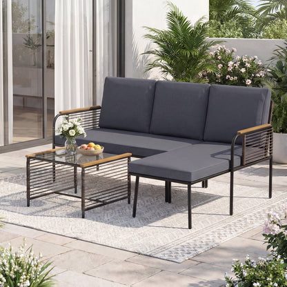 3 Pieces Wicker Furniture Set with Tempered Glass Side Table-Grey