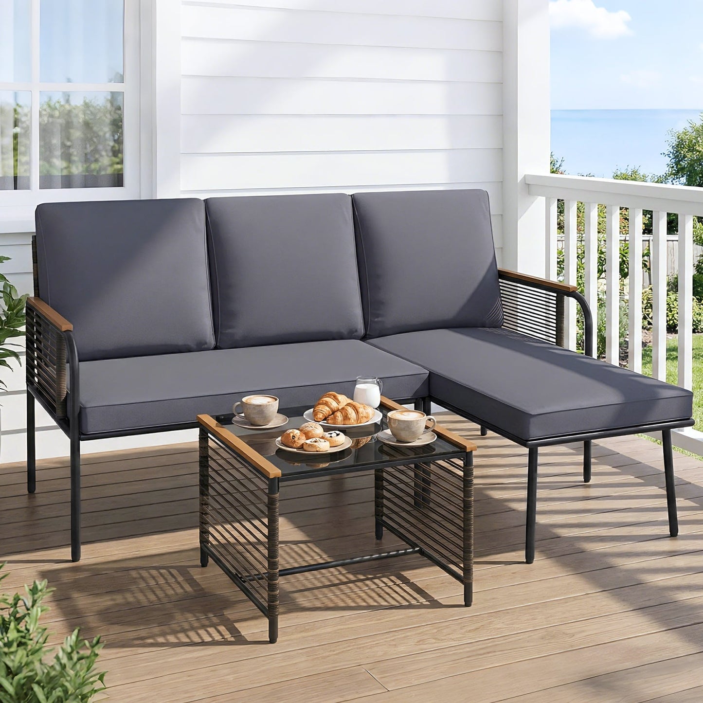 3 Pieces Wicker Furniture Set with Tempered Glass Side Table-Grey