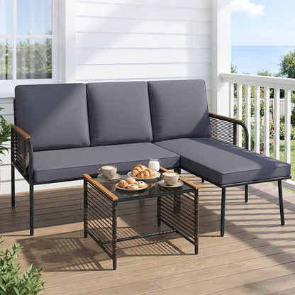 3 Pieces Wicker Furniture Set with Tempered Glass Side Table-Grey