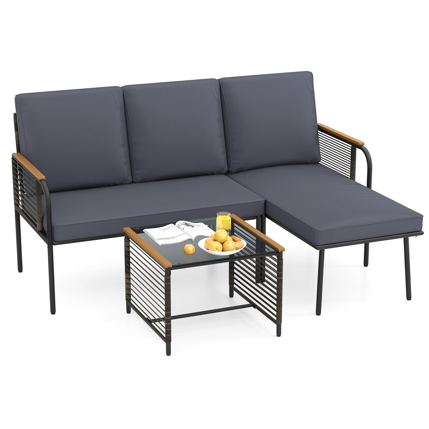3 Pieces Wicker Furniture Set with Tempered Glass Side Table-Grey