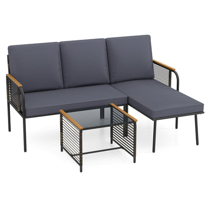 3 Pieces Wicker Furniture Set with Tempered Glass Side Table-Grey