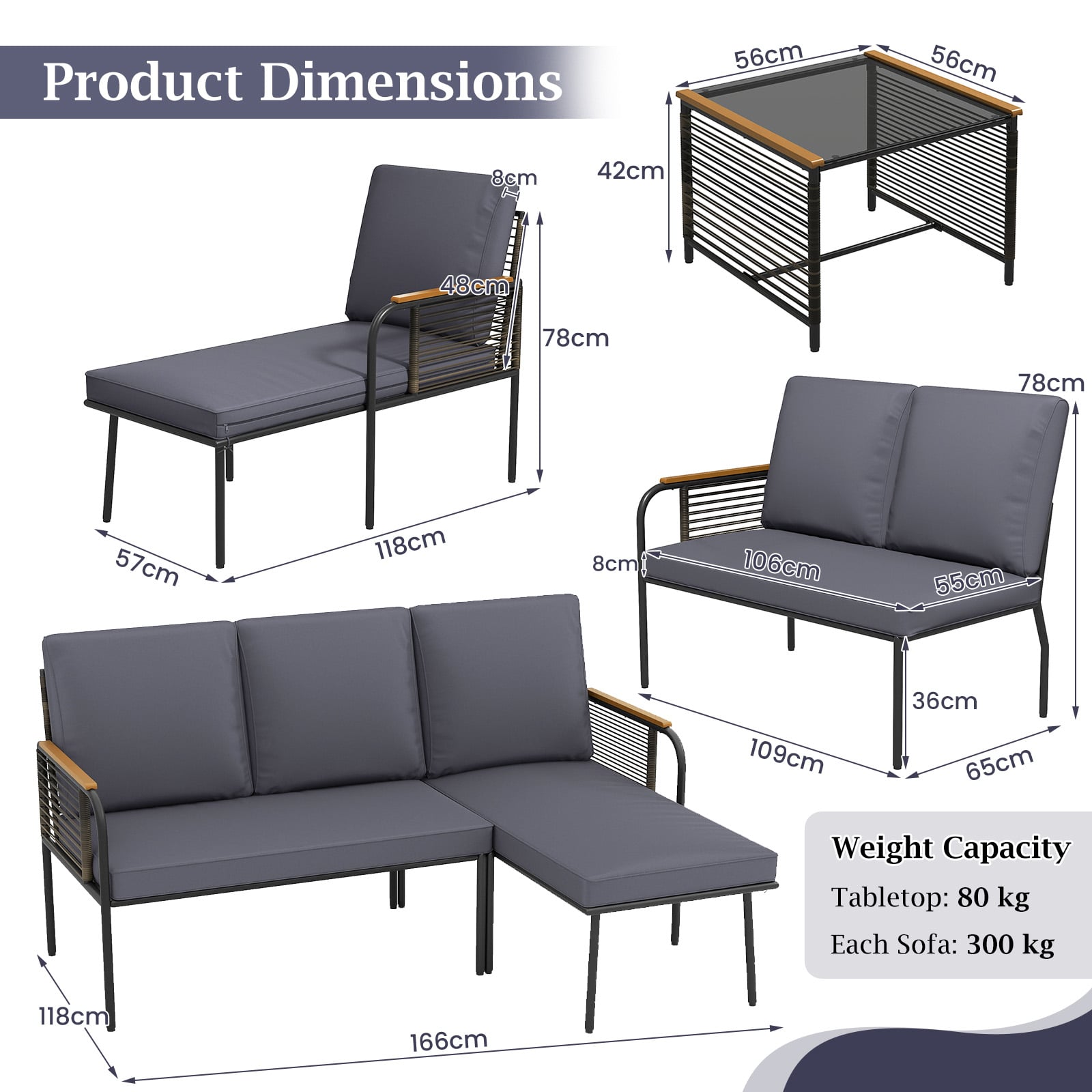 3 Pieces Wicker Furniture Set with Tempered Glass Side Table-Grey