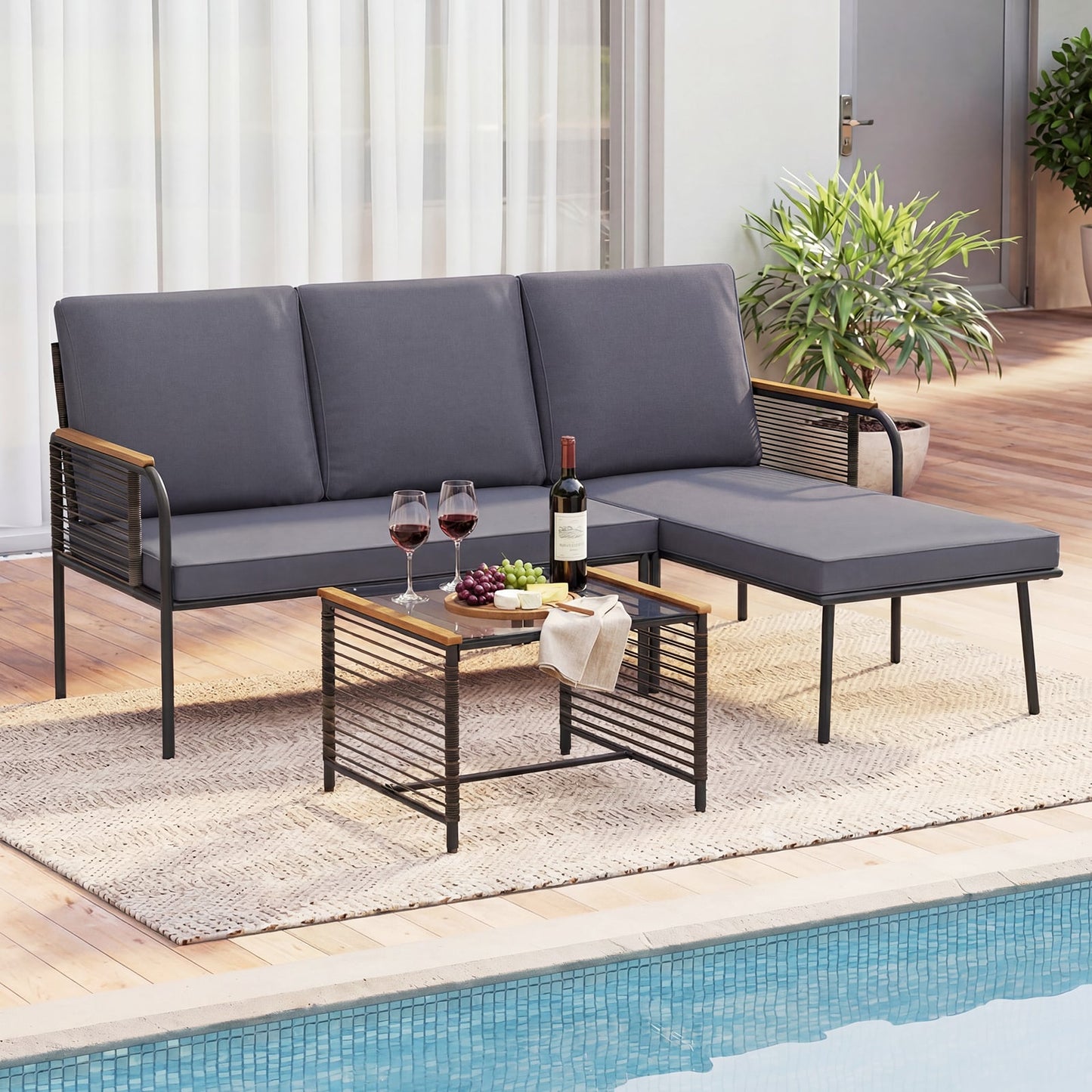 3 Pieces Wicker Furniture Set with Tempered Glass Side Table-Grey