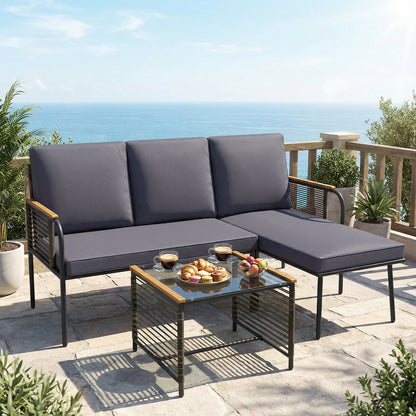 3 Pieces Wicker Furniture Set with Tempered Glass Side Table-Grey