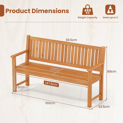 3-Seater Outdoor Wooden Bench 150 cm Large Garden Bench with Backrest-Yellow