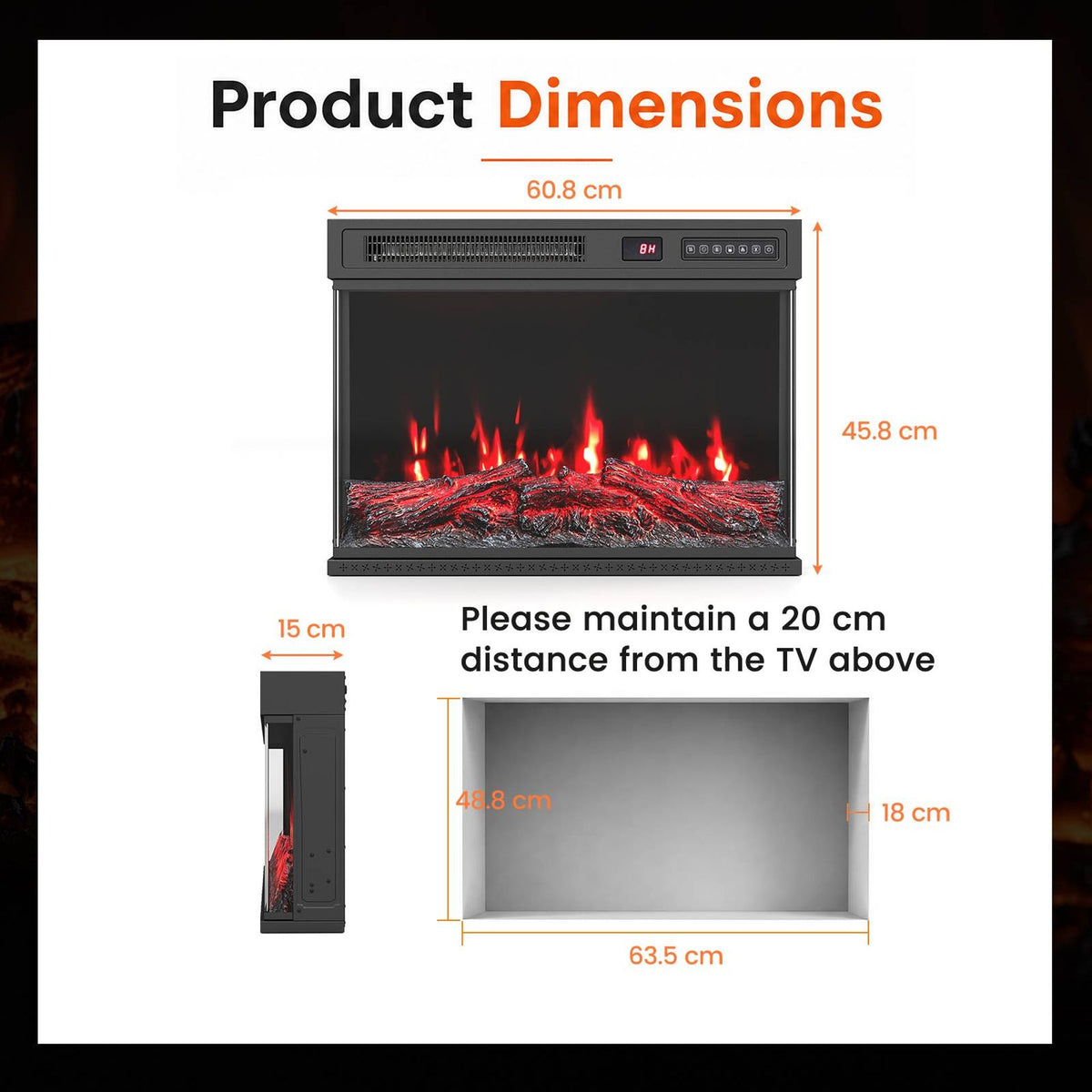 3-Sided Built-in Electric Fireplace Insert with 12 Flame Colours Thermostat and 8H Timer-61 cm