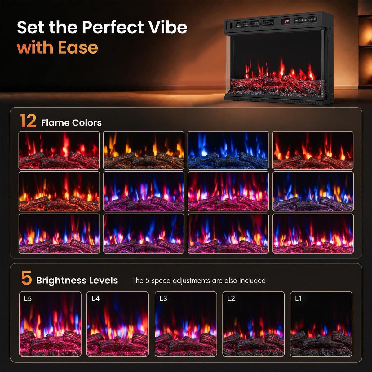 3-Sided Built-in Electric Fireplace Insert with 12 Flame Colours Thermostat and 8H Timer-61 cm