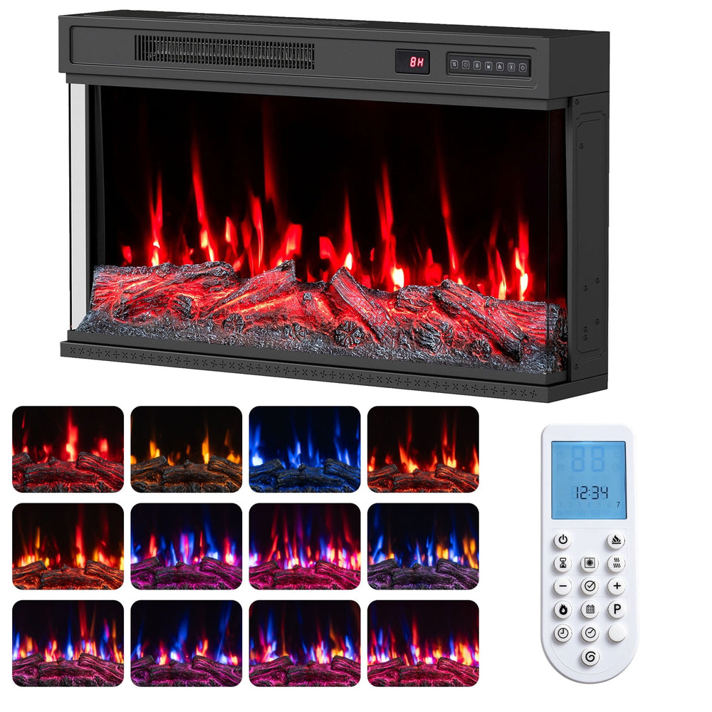 3-Sided Built-in Electric Fireplace Insert with 12 Flame Colours Thermostat and 8H Timer-76 cm