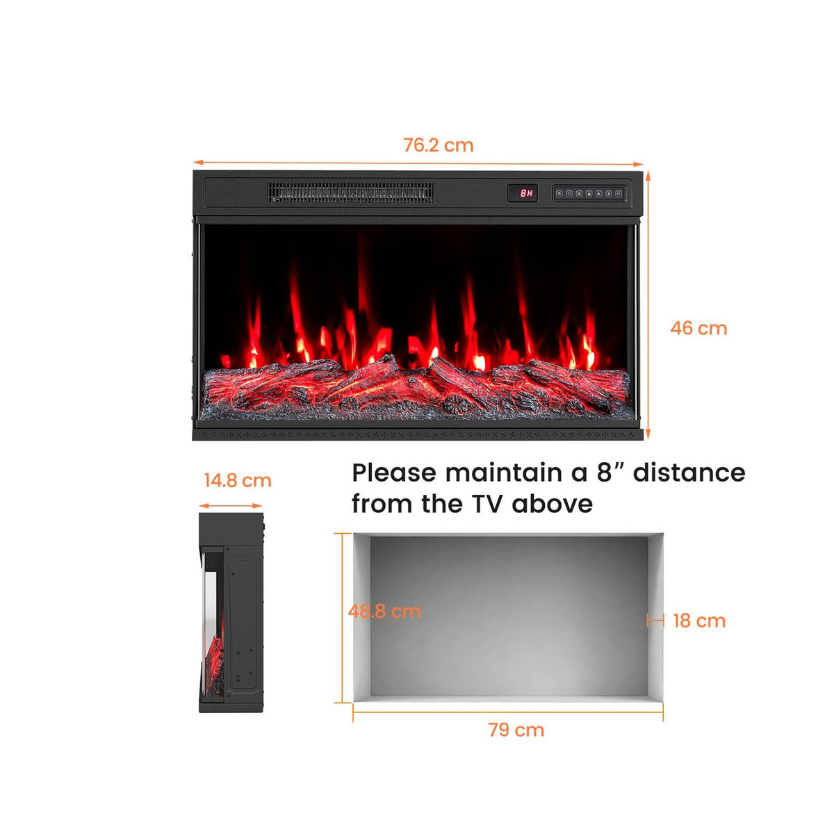 3-Sided Built-in Electric Fireplace Insert with 12 Flame Colours Thermostat and 8H Timer-76 cm