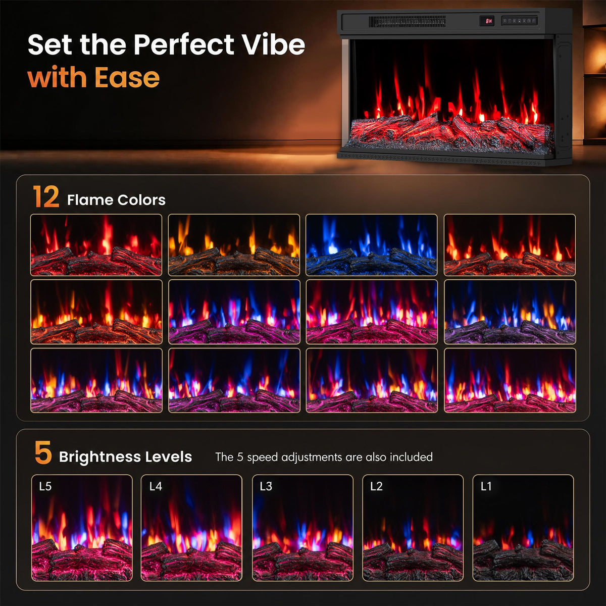 3-Sided Built-in Electric Fireplace Insert with 12 Flame Colours Thermostat and 8H Timer-76 cm