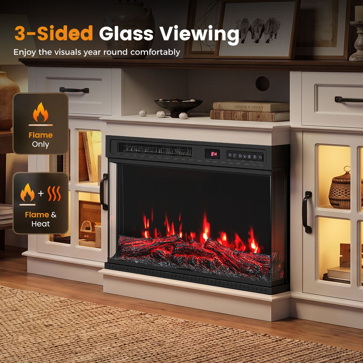 3-Sided Built-in Electric Fireplace Insert with 12 Flame Colours Thermostat and 8H Timer-76 cm