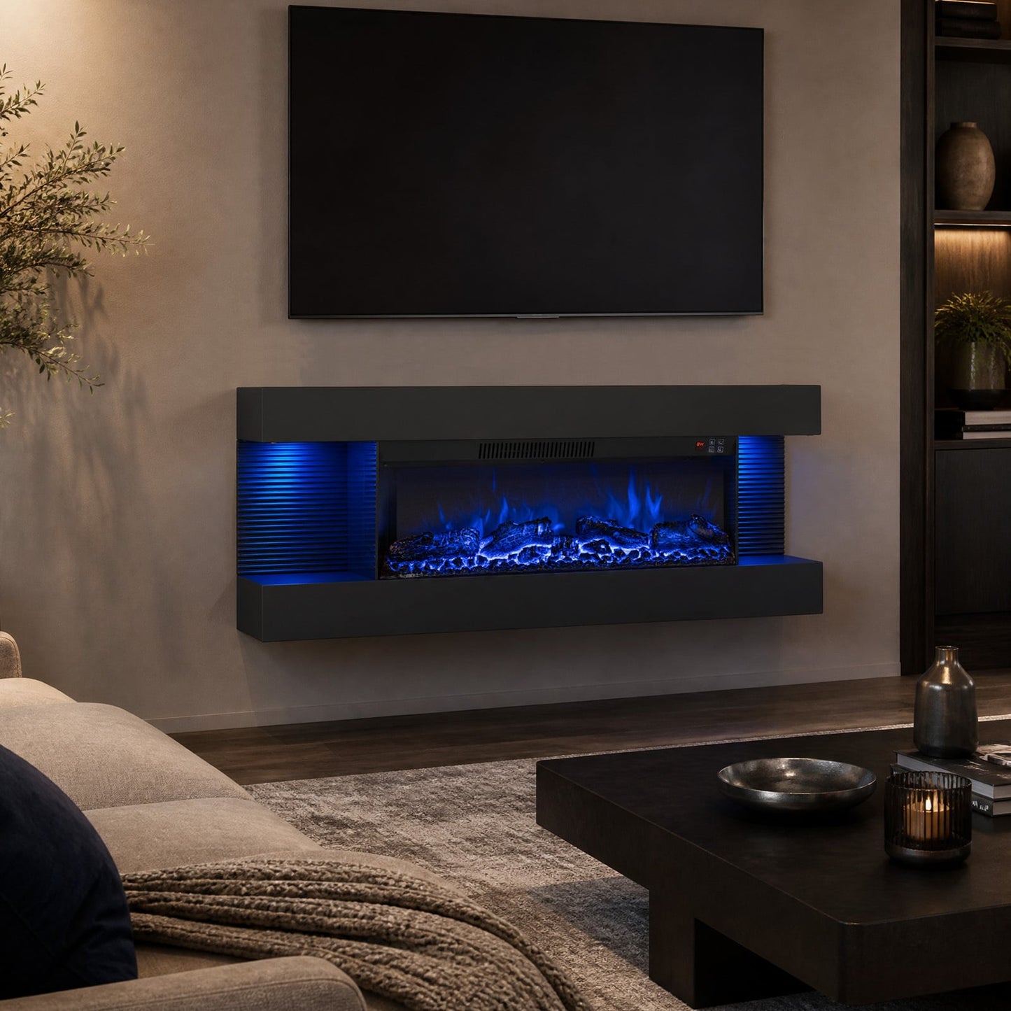3-Sided Wall Mount Electric Fireplace with 12 Flame Ambient Colors for Indoor-101.6cm