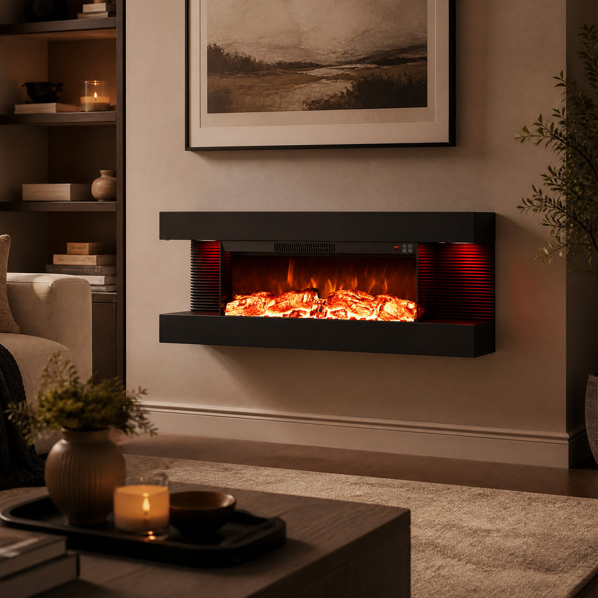 3-Sided Wall Mount Electric Fireplace with 12 Flame Ambient Colors for Indoor-101.6cm