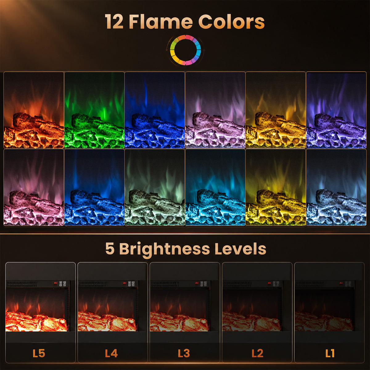 3-Sided Wall Mount Electric Fireplace with 12 Flame Ambient Colors for Indoor-101.6cm