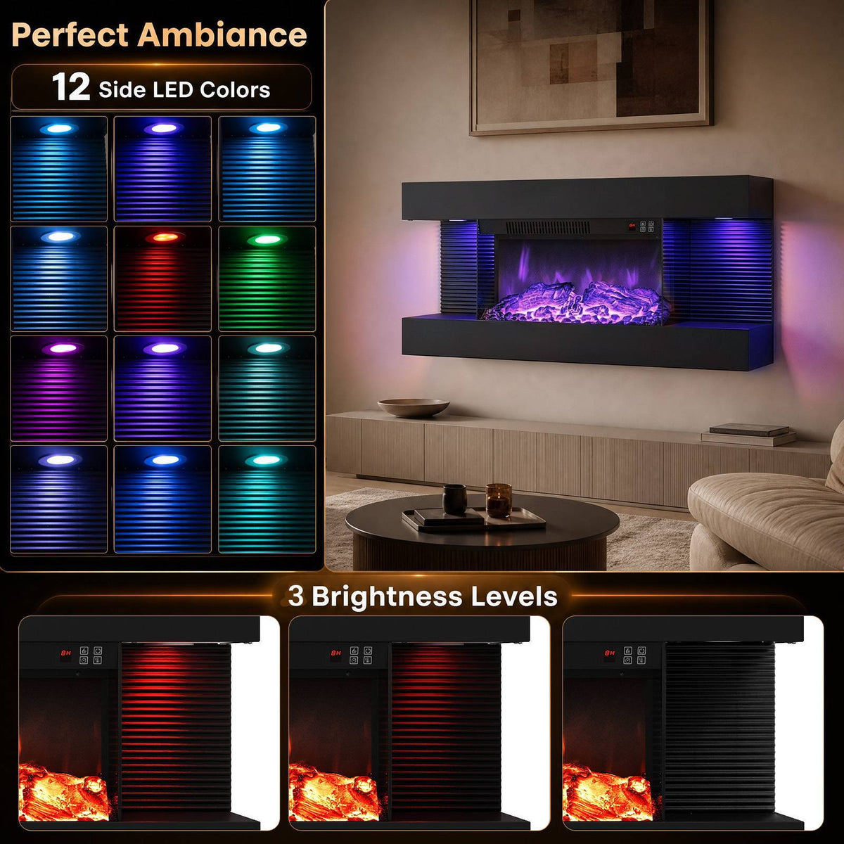 3-Sided Wall Mount Electric Fireplace with 12 Flame Ambient Colors for Indoor-82cm