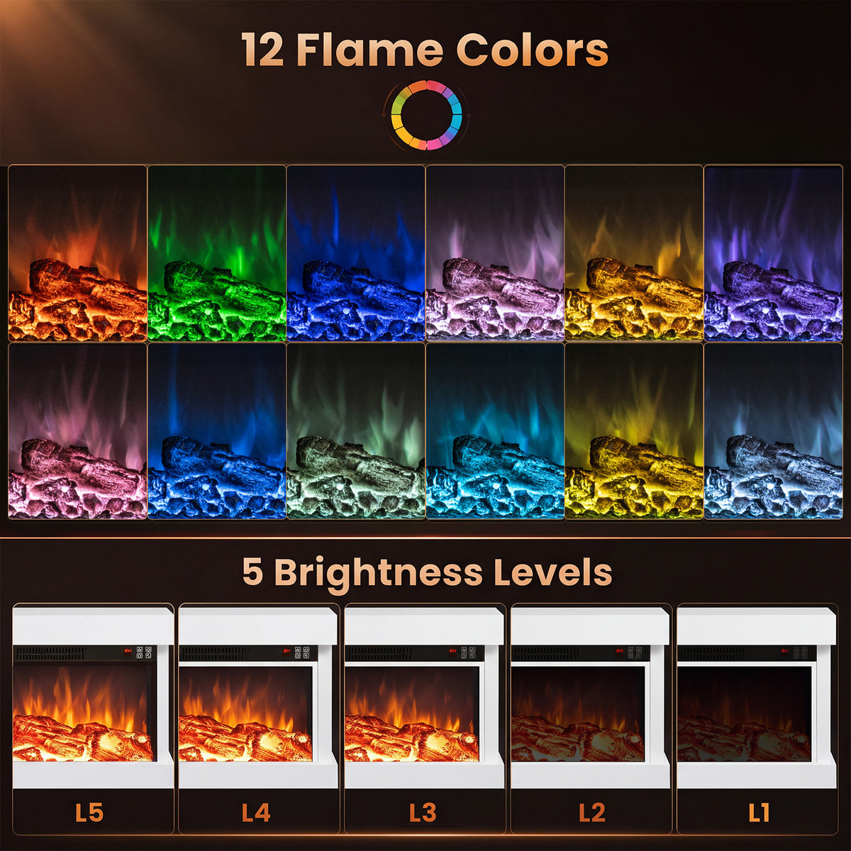 3-Sided Wall Mount Electric Fireplace with 12 Flame and Ambient Colors for Indoor-101.6cm