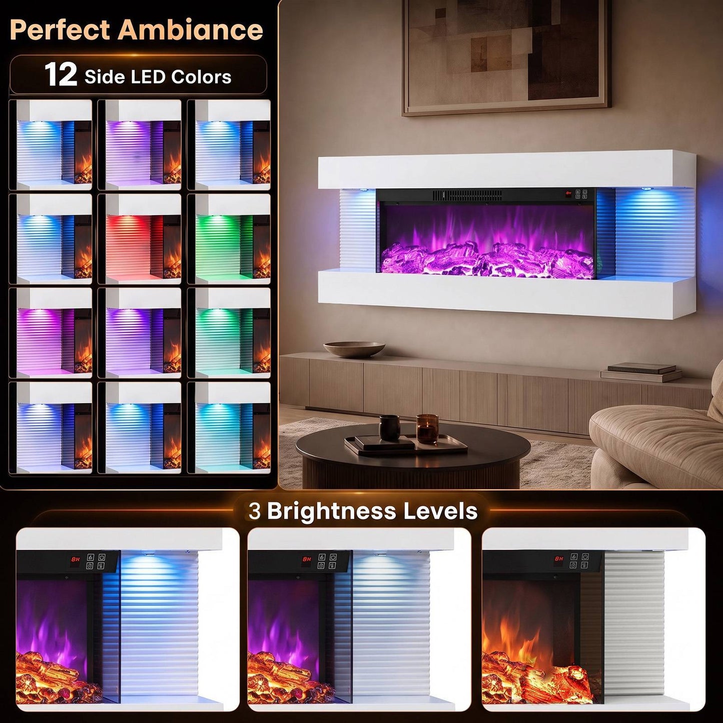 3-Sided Wall Mount Electric Fireplace with 12 Flame and Ambient Colors for Indoor-101.6cm