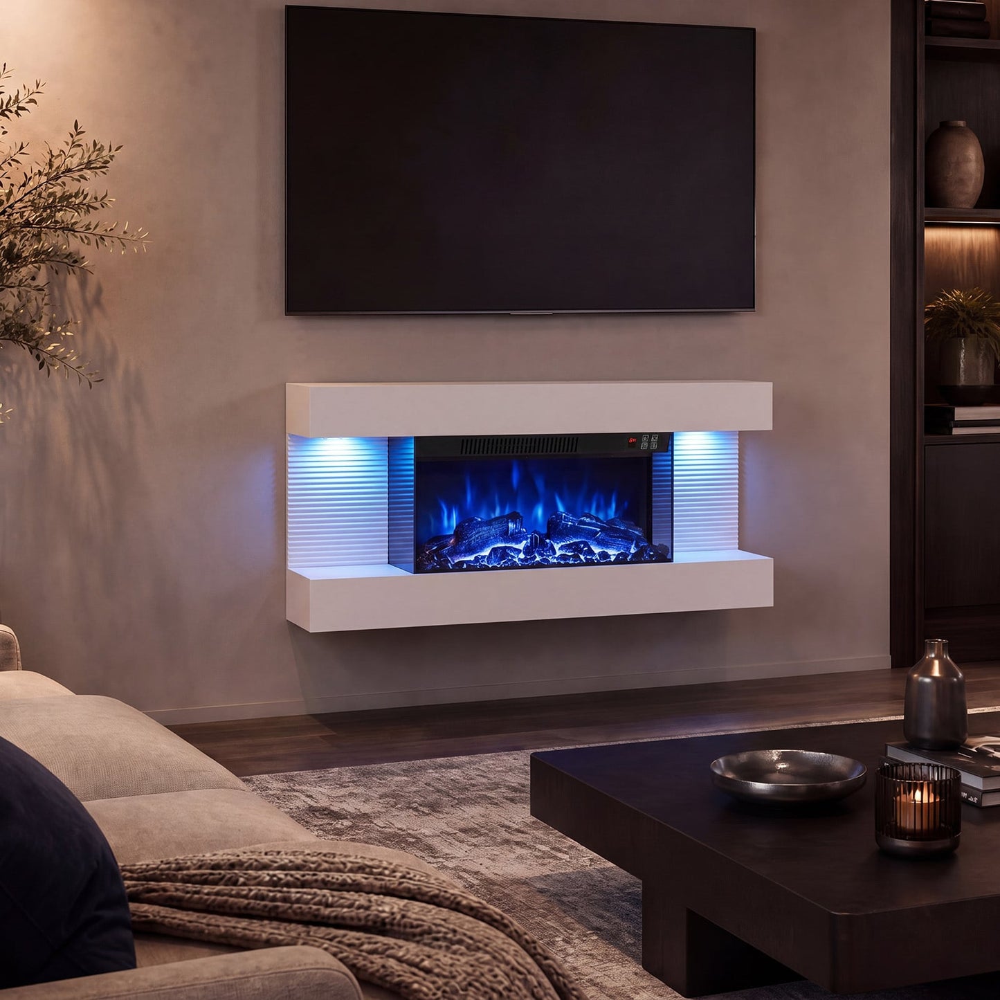3-Sided Wall Mount Electric Fireplace with 12 Flame and Ambient Colors for Indoor-82cm