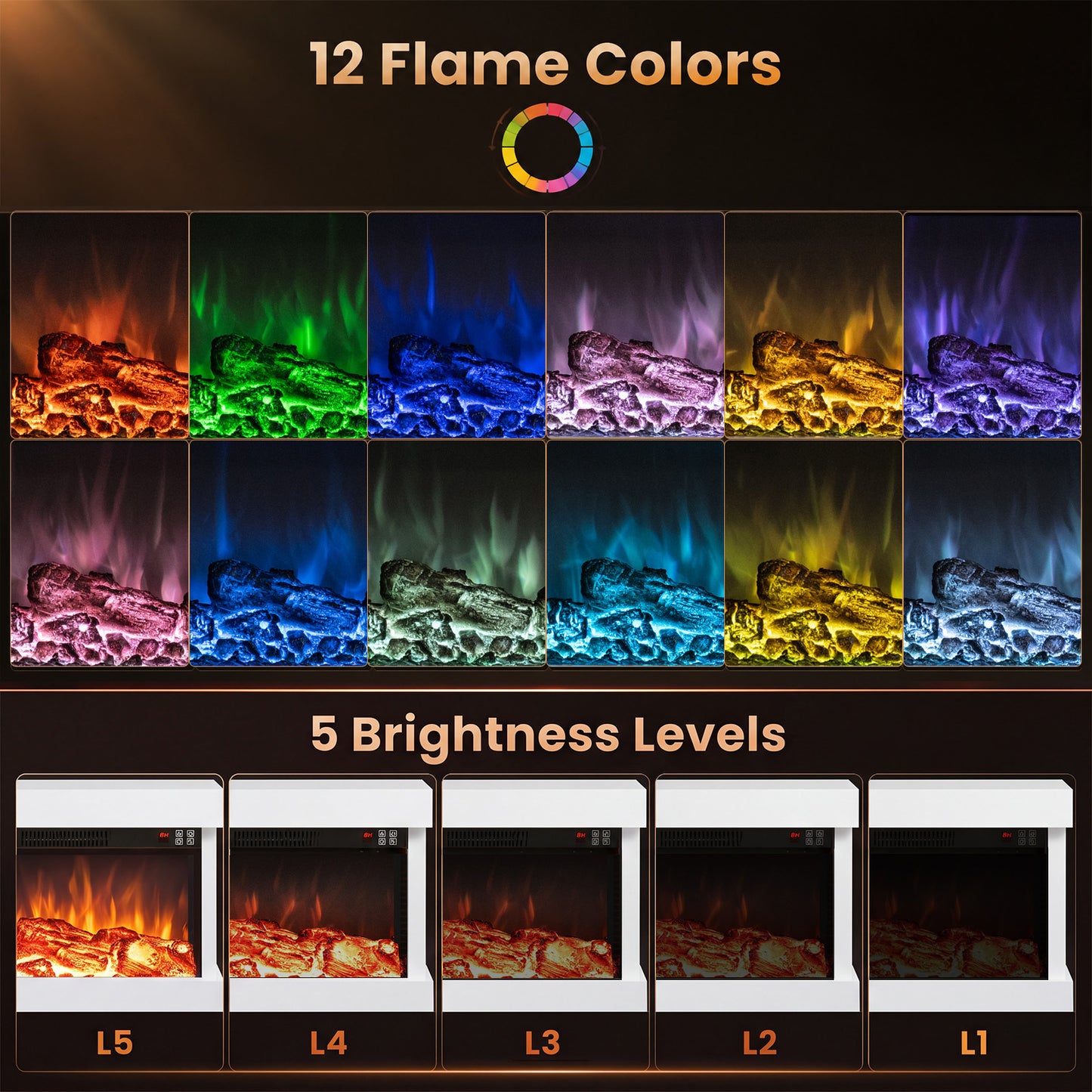 3-Sided Wall Mount Electric Fireplace with 12 Flame and Ambient Colors for Indoor-82cm