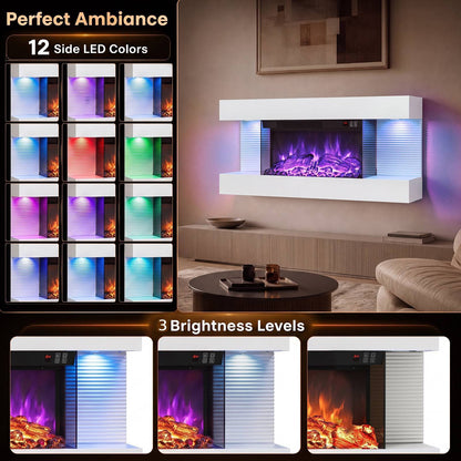 3-Sided Wall Mount Electric Fireplace with 12 Flame and Ambient Colors for Indoor-82cm