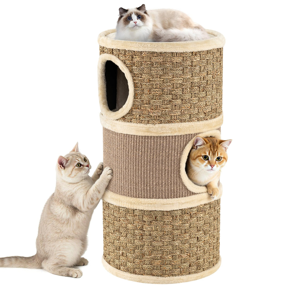 3-Story Cat Condo 70CM Multi-level Cat Hideaway with Sisal Scratching Pad-Khaki
