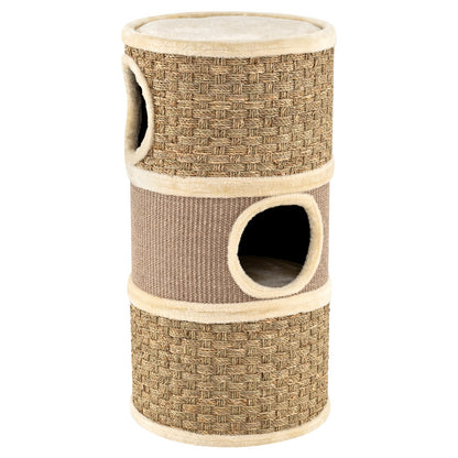 3-Story Cat Condo 70CM Multi-level Cat Hideaway with Sisal Scratching Pad-Khaki