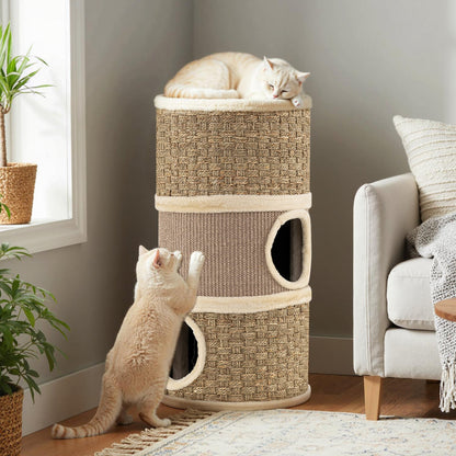 3-Story Cat Condo 70CM Multi-level Cat Hideaway with Sisal Scratching Pad-Khaki