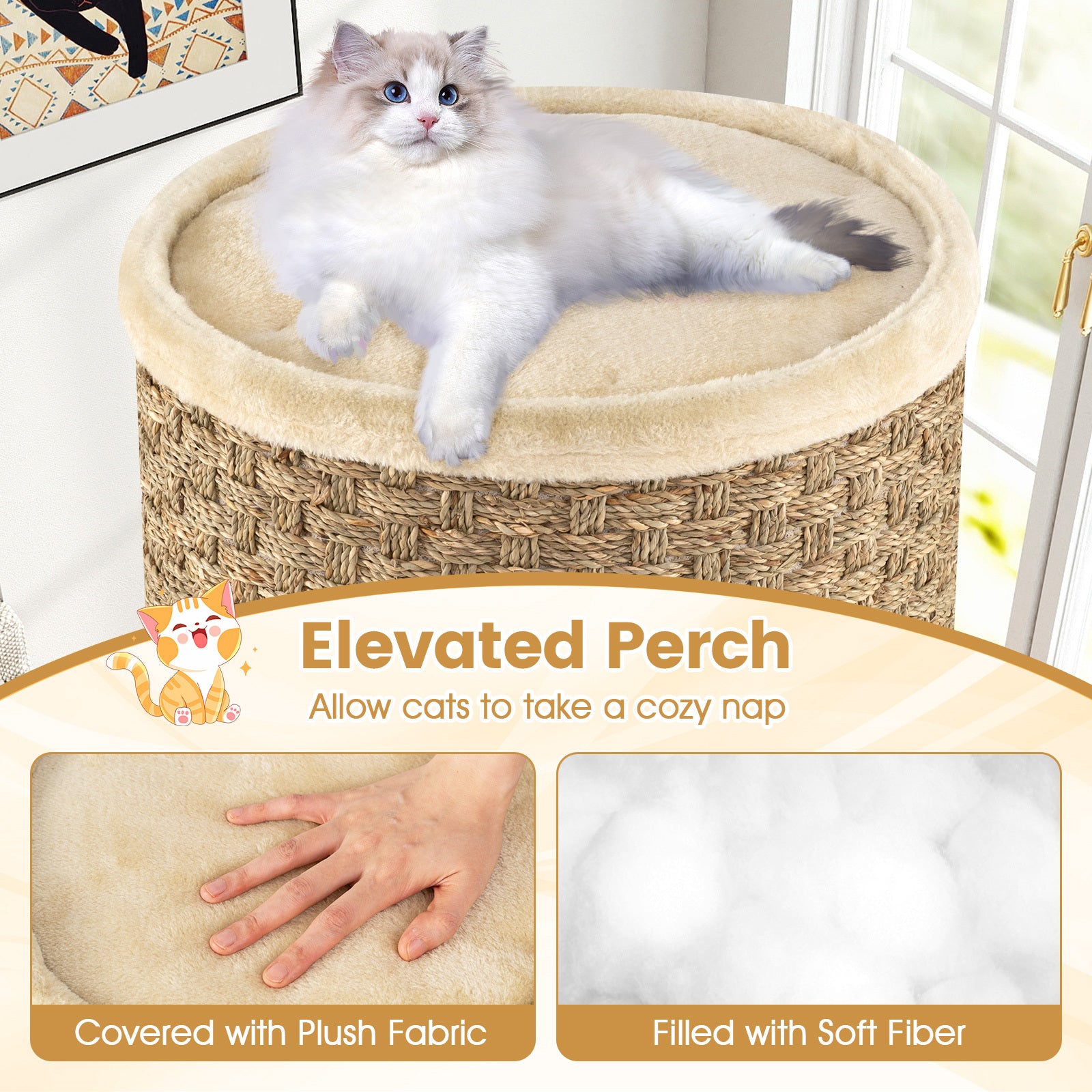 3-Story Cat Condo 70CM Multi-level Cat Hideaway with Sisal Scratching Pad-Khaki