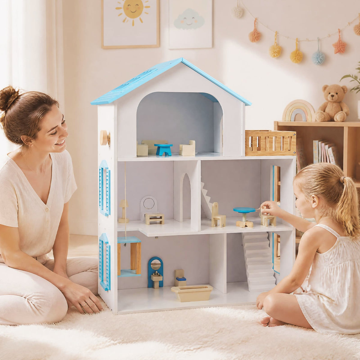 3-Story Wooden Dollhouse Playset with 5 Rooms and Furniture Accessories-Blue