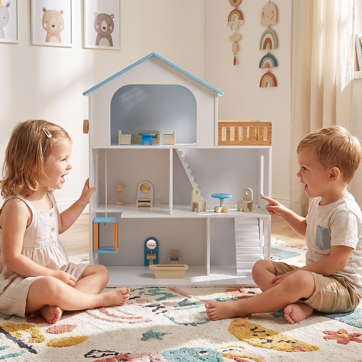 3-Story Wooden Dollhouse Playset with 5 Rooms and Furniture Accessories-Blue