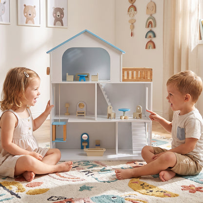 3-Story Wooden Dollhouse Playset with 5 Rooms and Furniture Accessories-Blue