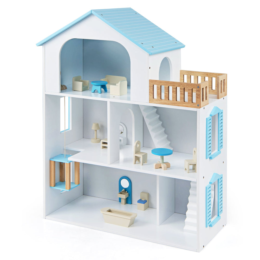 3-Story Wooden Dollhouse Playset with 5 Rooms and Furniture Accessories-Blue