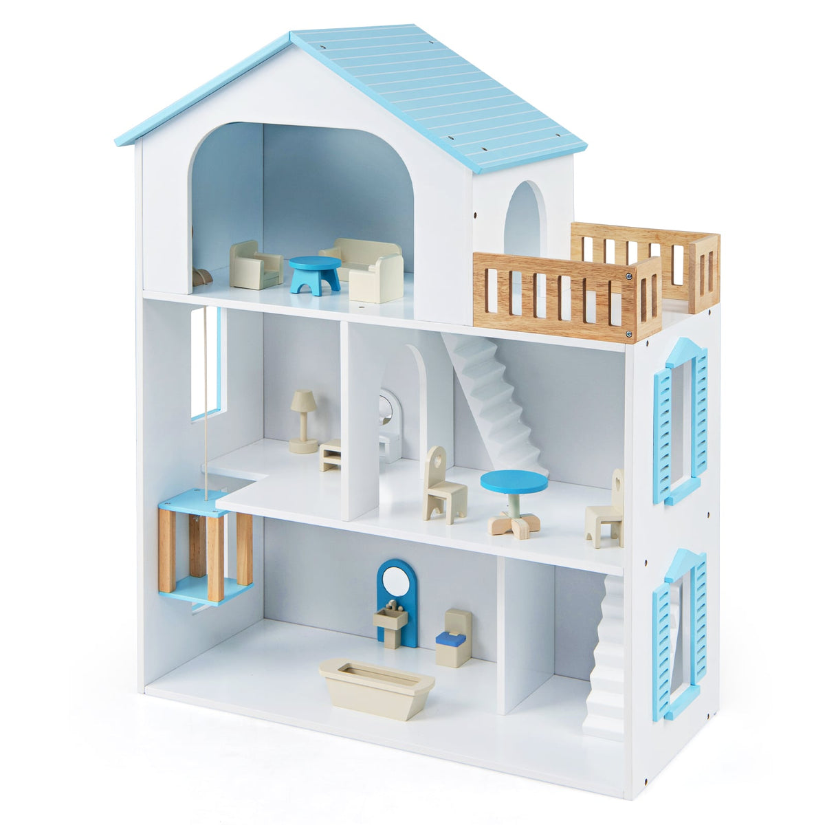 3-Story Wooden Dollhouse Playset with 5 Rooms and Furniture Accessories-Blue