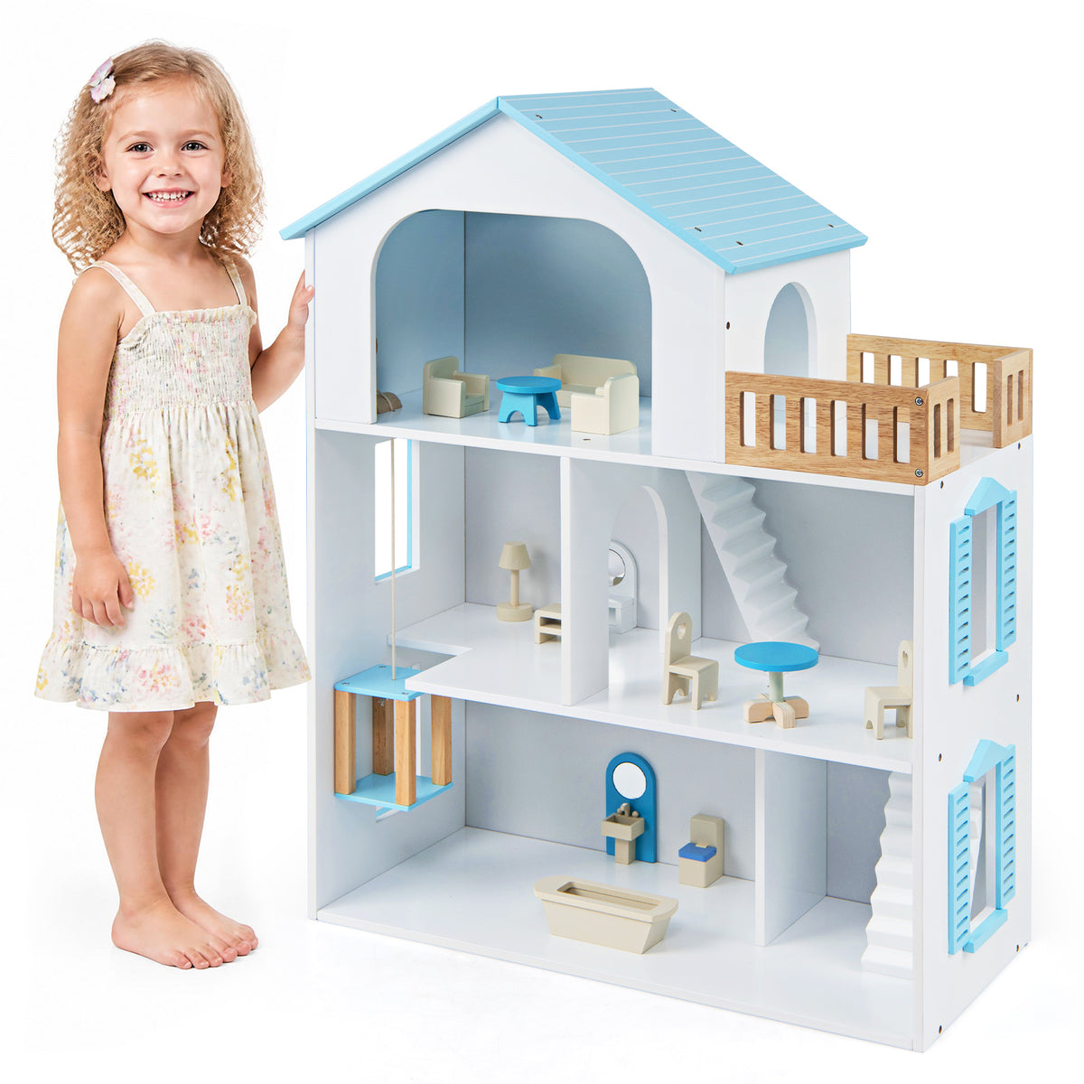 3-Story Wooden Dollhouse Playset with 5 Rooms and Furniture Accessories-Blue