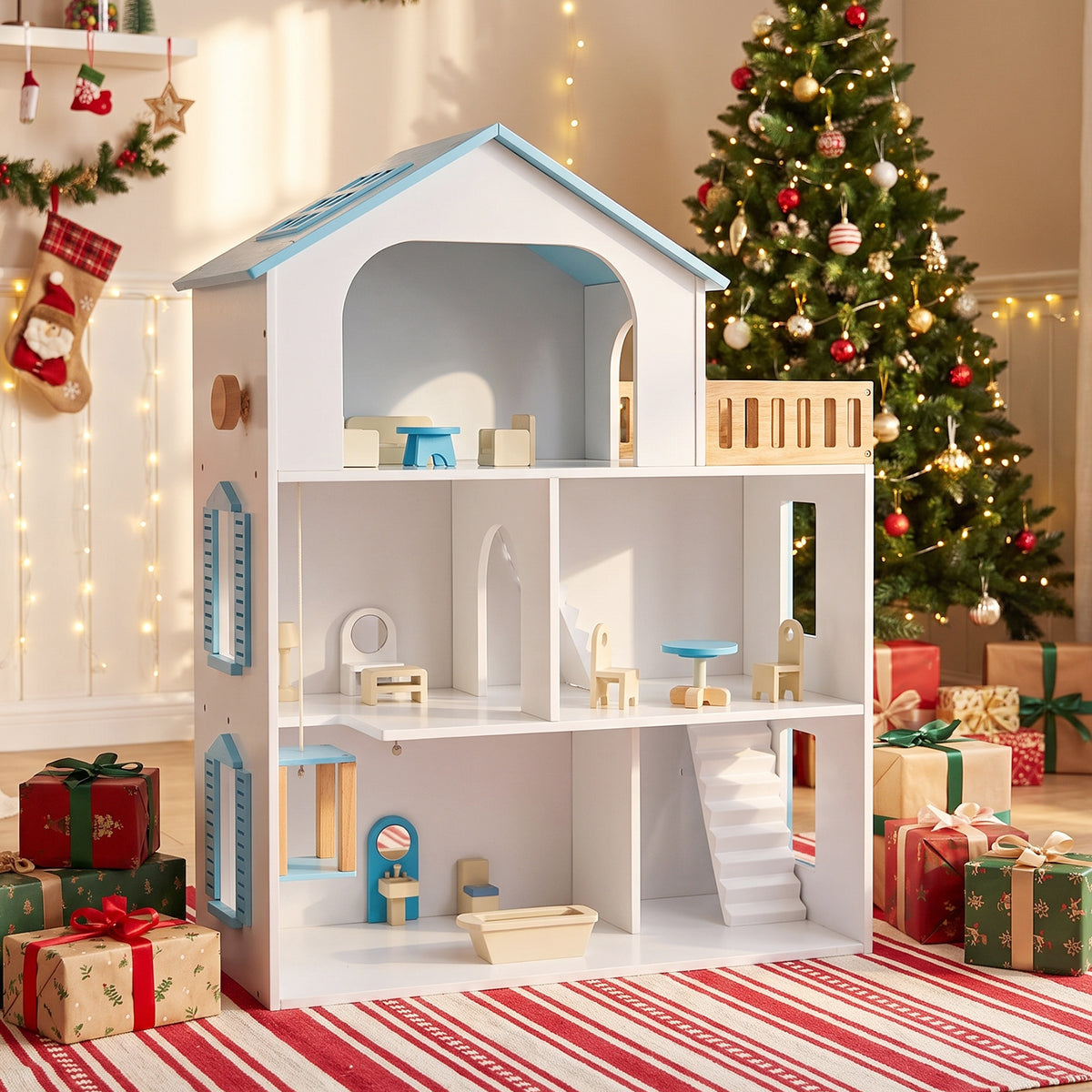3-Story Wooden Dollhouse Playset with 5 Rooms and Furniture Accessories-Blue