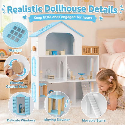 3-Story Wooden Dollhouse Playset with 5 Rooms and Furniture Accessories-Blue