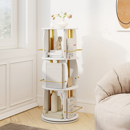 3-Tier 360° Spinning Bookshelf Tower with Display Stands for Small Spaces-White & Golden