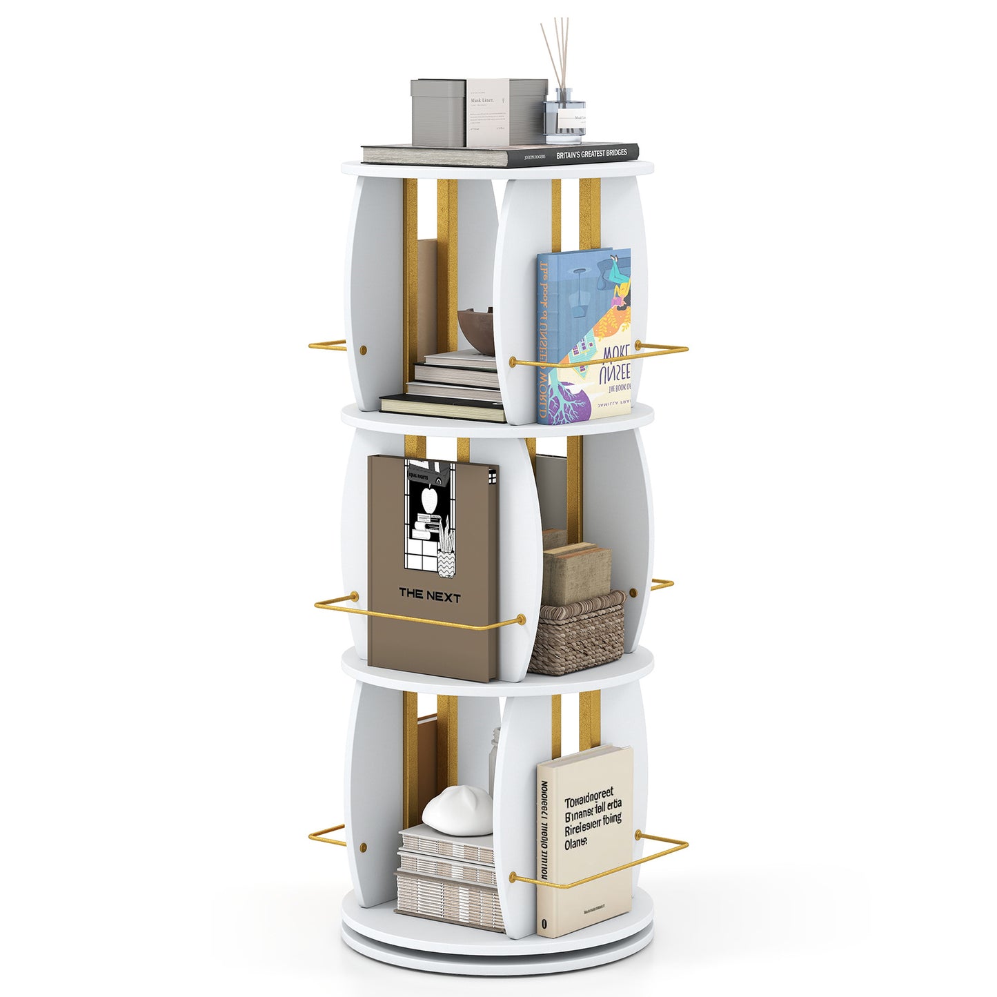 3-Tier 360° Spinning Bookshelf Tower with Display Stands for Small Spaces-White & Golden