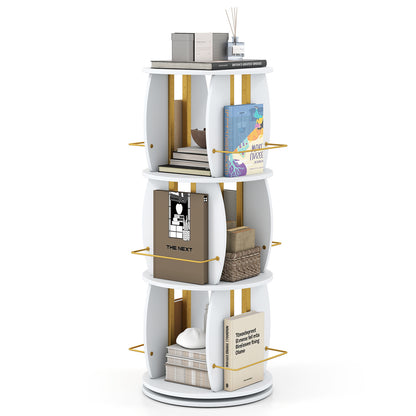 3-Tier 360° Spinning Bookshelf Tower with Display Stands for Small Spaces-White & Golden