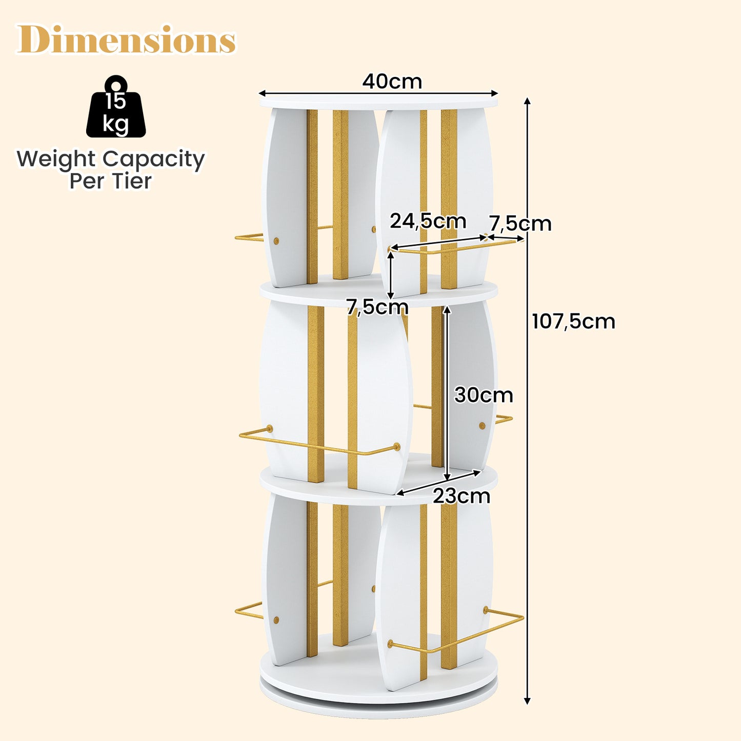 3-Tier 360° Spinning Bookshelf Tower with Display Stands for Small Spaces-White & Golden