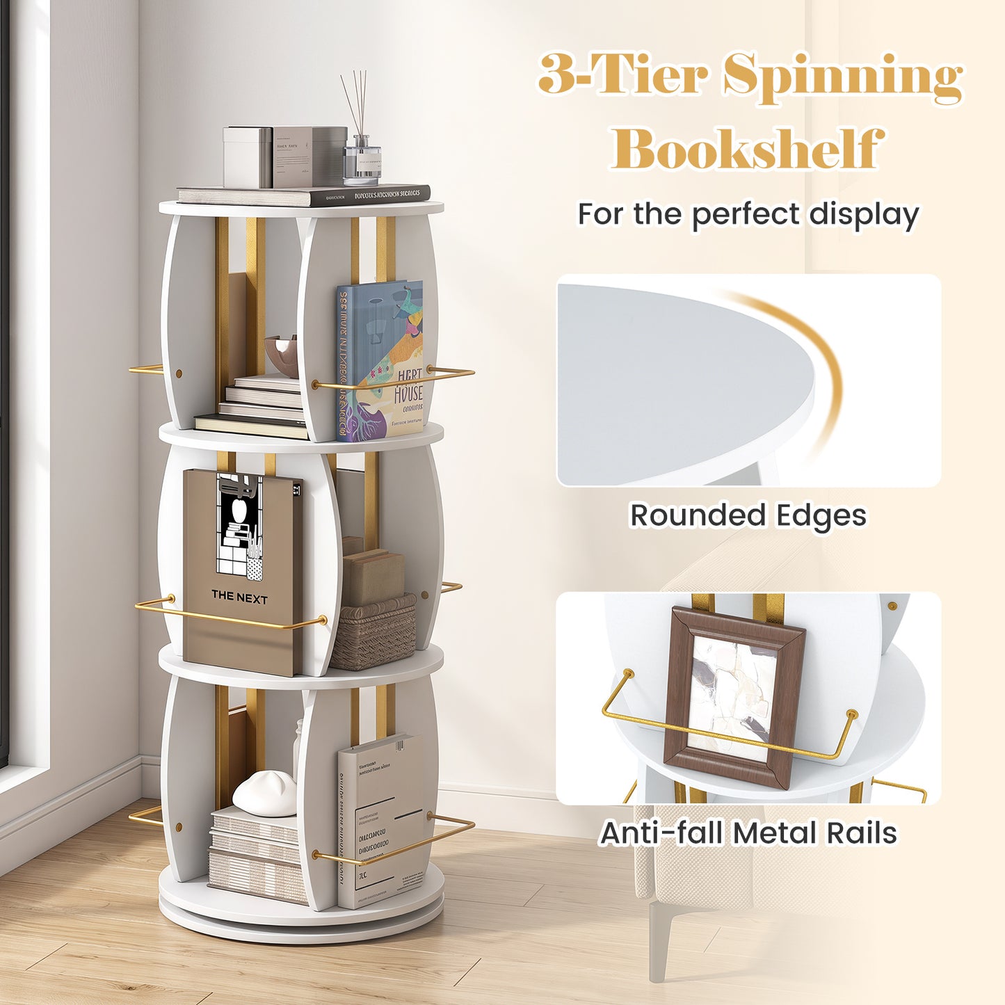 3-Tier 360° Spinning Bookshelf Tower with Display Stands for Small Spaces-White & Golden