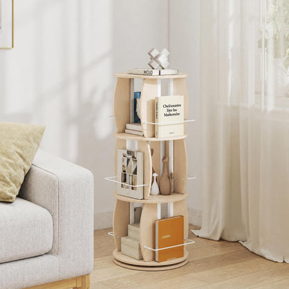 3-Tier 360° Spinning Bookshelf Tower with Display Stands for Small Spaces-White Oak