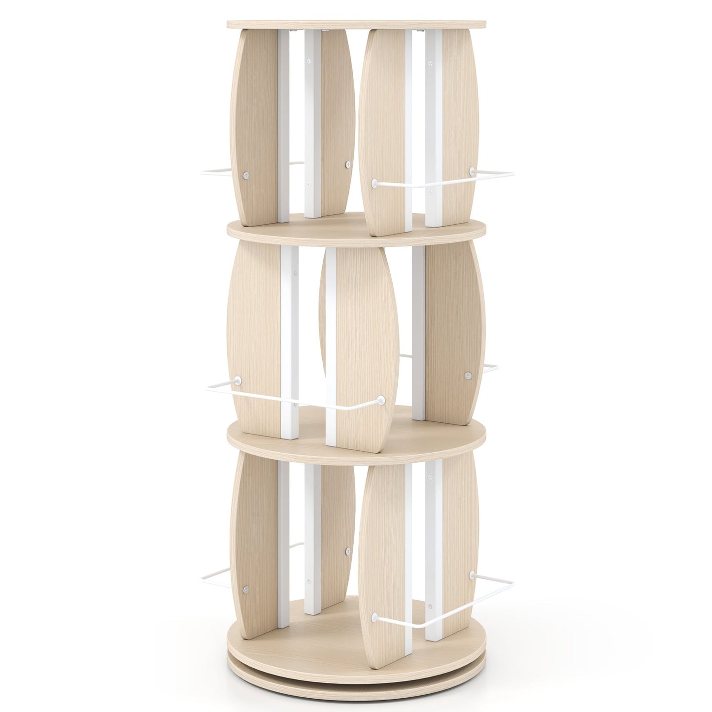 3-Tier 360° Spinning Bookshelf Tower with Display Stands for Small Spaces-White Oak