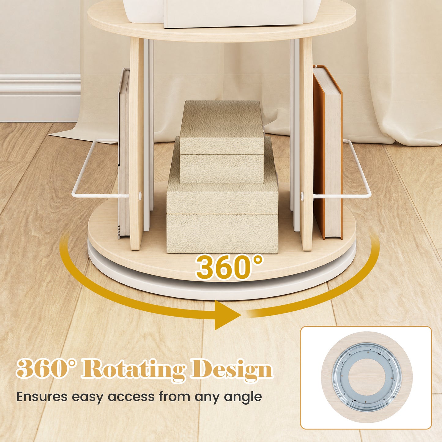 3-Tier 360° Spinning Bookshelf Tower with Display Stands for Small Spaces-White Oak