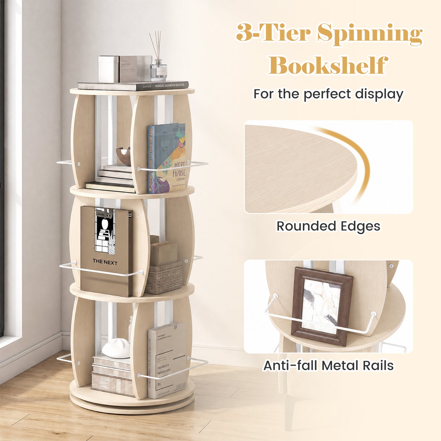 3-Tier 360° Spinning Bookshelf Tower with Display Stands for Small Spaces-White Oak