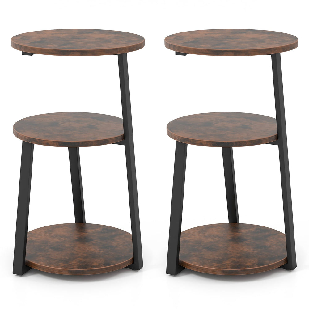 3-Tier Accent Round End Table with Metal Frame and Adjustable Foot Pads-2 Pack